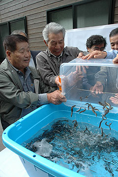 「約3,000匹の養殖ドジョウをセンターに贈呈」の画像